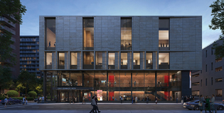 View of the dramatic arts building facing east, Yale University, courtesy of KPMB architects, rendering by ADHOC studio.